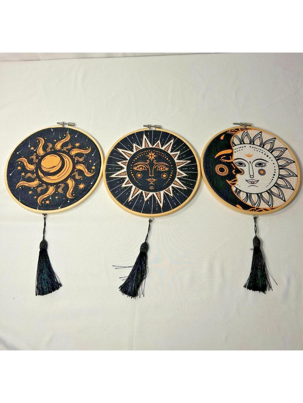 Boho Sun & Moon Wall Hangings Set of 3 Celestial Embroidery Hoop Decor 9.8"